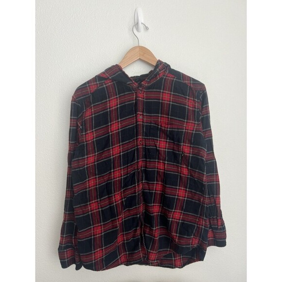 TNA Grunge Gothic Punk Red Black Plaid Button Up Hooded Flannel Shirt Small - Picture 1 of 6